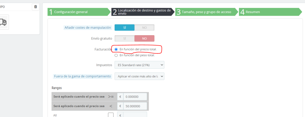 Prestashop Precio envio gratis en funcion del precio transportista