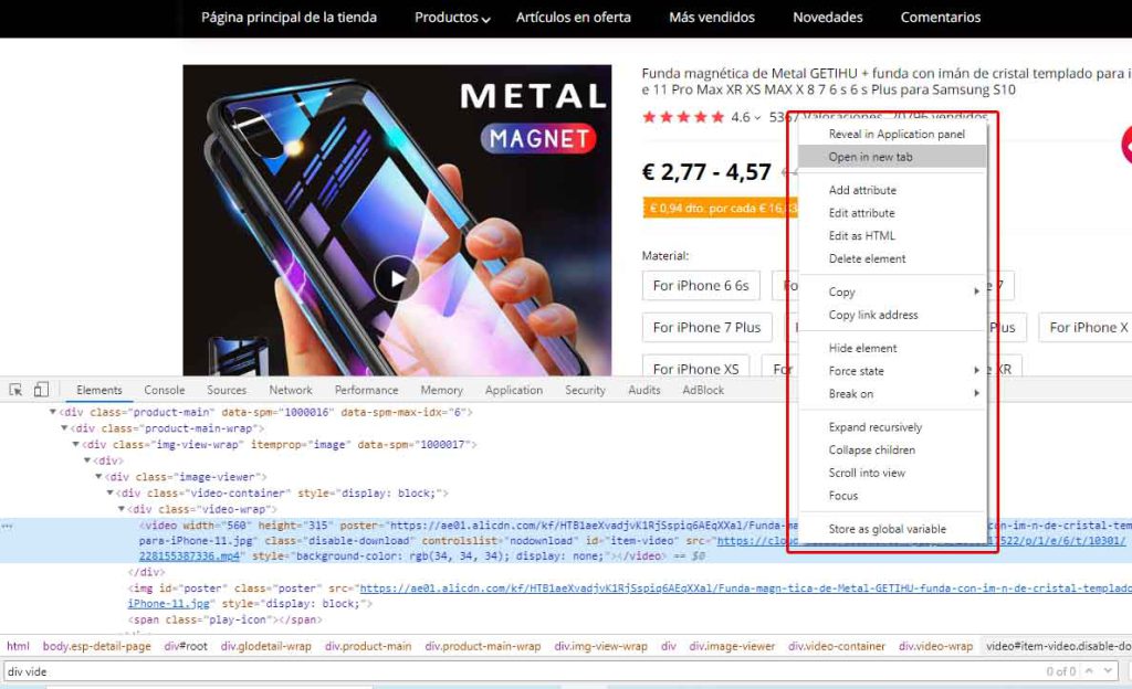 abrir video de aliexpress en una nueva pestaña